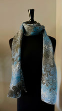 Load image into Gallery viewer, Blue & black bouquet  water marbled 8mm Habotai silk.  Hang on the wall, use  as a table runner or wear this unique piece .