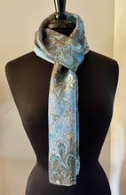 Load image into Gallery viewer, Blue & black bouquet  water marbled 8mm Habotai silk.  Hang on the wall, use  as a table runner or wear this unique piece .