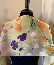 Load image into Gallery viewer, Klimt’s Flowers Multidyed Charmeuse Silk 72x14” bold fun. This beautiful silk makes a unique dresser cover and scarf