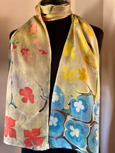 Load image into Gallery viewer, Klimt’s Flowers Multidyed Charmeuse Silk 72x14” bold fun. This beautiful silk makes a unique dresser cover and scarf