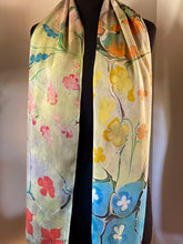 Load image into Gallery viewer, Klimt’s Flowers Multidyed Charmeuse Silk 72x14” bold fun. This beautiful silk makes a unique dresser cover and scarf