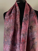 Load image into Gallery viewer, Red & Green Multidyed bouquet.  Water Marbled Habotai Silk 14x72.
