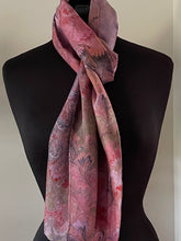 Load image into Gallery viewer, Red & Green Multidyed bouquet.  Water Marbled Habotai Silk 14x72.