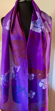 Load image into Gallery viewer, Purple Flowers water marbled Silk, Scarf, table runner or wall hanging.scarf ... original.