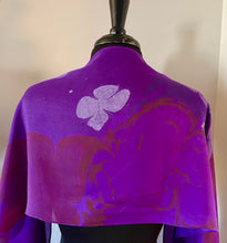 Load image into Gallery viewer, Purple Flowers water marbled Silk, Scarf, table runner or wall hanging.scarf ... original.
