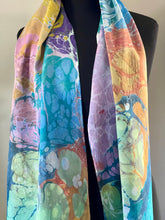 Load image into Gallery viewer, Double sided Garden Charmeuse Silk 72x14” bold fun. This beautiful silk makes a unique dresser cover and scarf .