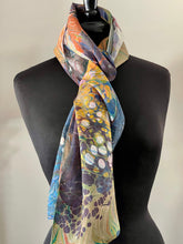 Load image into Gallery viewer, Over marbled water marbled random over flame pattern Silk, Scarf, table runner or wall hanging.scarf ... original.