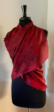 Load image into Gallery viewer, Red bouquet shawl.  Habotai silk 72x22” bold fun. This beautiful silk makes a unique dresser cover and scarf.