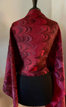 Load image into Gallery viewer, Red Comb shawl.  Habotai silk 72x22” bold fun. This beautiful silk makes a unique dresser cover and scarf.