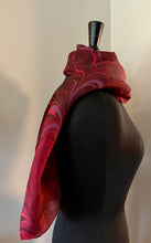 Load image into Gallery viewer, Red Comb shawl.  Habotai silk 72x22” bold fun. This beautiful silk makes a unique dresser cover and scarf.