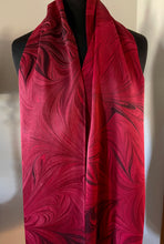 Load image into Gallery viewer, Red flame marbled Charmeuse Silk 72x14” bold fun. This beautiful silk makes a unique dresser cover and scarf