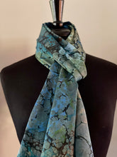 Load image into Gallery viewer, Green Italian Vein marbled  Charmeuse  Silk 72x14” bold fun. This beautiful silk makes a unique dresser cover and scarf