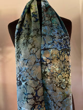 Load image into Gallery viewer, Green Italian Vein marbled  Charmeuse  Silk 72x14” bold fun. This beautiful silk makes a unique dresser cover and scarf