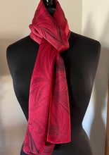Load image into Gallery viewer, Red flame marbled Charmeuse Silk 72x14” bold fun. This beautiful silk makes a unique dresser cover and scarf