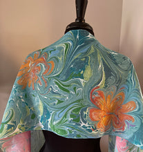 Load image into Gallery viewer, Flowers water marbled 8mm Habotai silk.  Hang on the wall, use as a table runner or wear this unique piece