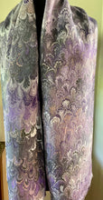 Load image into Gallery viewer, Purple bouquet  water marbled 8mm Habotai silk.  Hang on the wall, use as a table runner or wear this unique piece