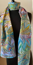 Load image into Gallery viewer, Multidyed Flame. Charmeuse Silk 72x14” bold fun. This beautiful silk makes a unique dresser cover and scarf