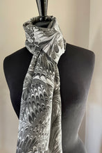 Load image into Gallery viewer, Black gray white combed  water marbled 8mm Habotai silk.  Hang on the wall, use as a table runner or wear this unique piece