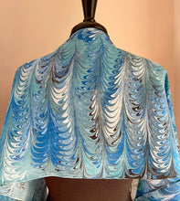 Load image into Gallery viewer, Blue feather  water marbled 8mm Habotai silk.  Hang on the wall, use as a table runner or wear this unique piece