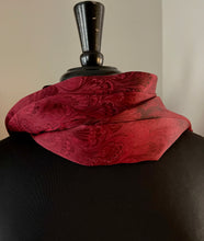 Load image into Gallery viewer, Red bouquet marbled Charmeuse Silk 72x14” bold fun. This beautiful silk makes a unique dresser cover and scarf