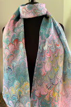 Load image into Gallery viewer, Pink blue yellow bouquet  water marbled 8mm Habotai silk.  Hang on the wall, use as a table runner or wear this unique piece