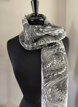 Load image into Gallery viewer, Black gray white combed  water marbled 8mm Habotai silk.  Hang on the wall, use as a table runner or wear this unique piece