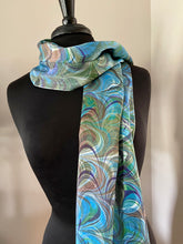 Load image into Gallery viewer, Double marbled blue green brown  Charmeuse  Silk 72x14” bold fun. This beautiful silk makes a unique dresser cover and scarf