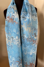 Load image into Gallery viewer, Blue brown bouquet traditional  water marbled 8mm Habotai silk.  Hang on the wall, use as a table runner or wear this unique piece