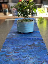 Load image into Gallery viewer, Blue Comb marbled  Charmeuse  Silk 72x14” bold fun. This beautiful silk makes a unique dresser cover and scarf