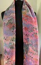 Load image into Gallery viewer, Combed design on multidyed silk.  Water Marbled Habotai Silk 14x72.