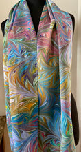 Load image into Gallery viewer, Multidyed Flame. Charmeuse Silk 72x14” bold fun. This beautiful silk makes a unique dresser cover and scarf