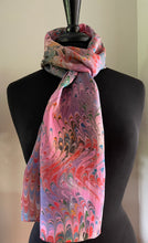 Load image into Gallery viewer, Combed design on multidyed silk.  Water Marbled Habotai Silk 14x72.