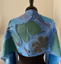 Load image into Gallery viewer, Blue Floral Habotai Silk 14x72 turquoise with red accents. This beautiful silk makes a unique dresser cover and scarf