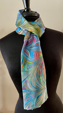 Load image into Gallery viewer, Multidyed Flame. Charmeuse Silk 72x14” bold fun. This beautiful silk makes a unique dresser cover and scarf