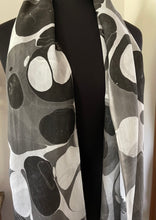 Load image into Gallery viewer, Twice marbled black & white stone. Charmeuse Silk 72x14” bold fun. This beautiful silk makes a unique dresser cover and scarf