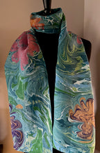 Load image into Gallery viewer, Flowers water marbled 8mm Habotai silk.  Hang on the wall, use as a table runner or wear this unique piece