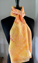 Load image into Gallery viewer, Orange yellow water marbled 8mm Habotai silk. Hang on the wall, use as a table runner or wear this unique piece