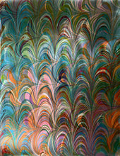 Load image into Gallery viewer, Double marbled  blue orange pink  Charmeuse  Silk 72x14” bold fun. This beautiful silk makes a unique dresser cover and scarf