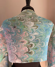 Load image into Gallery viewer, Green Pink bouquet  one of a kind water marbled 8mm Habotai silk.  Hang on the wall, use as a table runner or wear this unique piece