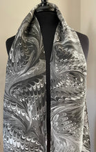 Load image into Gallery viewer, Black gray white combed  water marbled 8mm Habotai silk.  Hang on the wall, use as a table runner or wear this unique piece