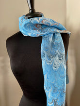 Load image into Gallery viewer, Blue brown bouquet traditional  water marbled 8mm Habotai silk.  Hang on the wall, use as a table runner or wear this unique piece