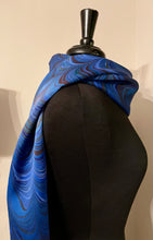 Load image into Gallery viewer, Blue Comb marbled  Charmeuse  Silk 72x14” bold fun. This beautiful silk makes a unique dresser cover and scarf