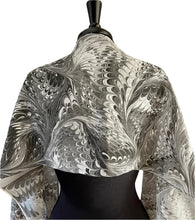Load image into Gallery viewer, Black gray white combed  water marbled 8mm Habotai silk.  Hang on the wall, use as a table runner or wear this unique piece