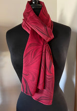 Load image into Gallery viewer, Red flame marbled Charmeuse Silk 72x14” bold fun. This beautiful silk makes a unique dresser cover and scarf