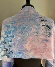 Load image into Gallery viewer, Pink blue bouquet  water marbled 8mm Habotai silk.  Hang on the wall, use as a table runner or wear this unique piece