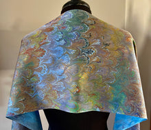 Load image into Gallery viewer, Blue Bouquet marbled  Charmeuse  Silk 72x14” bold fun. This beautiful silk makes a unique dresser cover and scarf