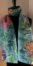 Load image into Gallery viewer, Flowers water marbled 8mm Habotai silk.  Hang on the wall, use as a table runner or wear this unique piece