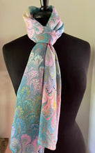 Load image into Gallery viewer, Pink blue yellow bouquet  water marbled 8mm Habotai silk.  Hang on the wall, use as a table runner or wear this unique piece