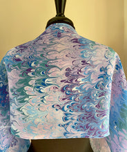 Load image into Gallery viewer, Blue purple teal bouquet  water marbled 8mm Habotai silk.  Hang on the wall, use as a table runner or wear this unique piece