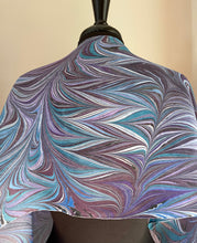 Load image into Gallery viewer, Purple blue teal water marbled 8mm Habotai silk.  Hang on the wall, use as a table runner or wear this unique piece